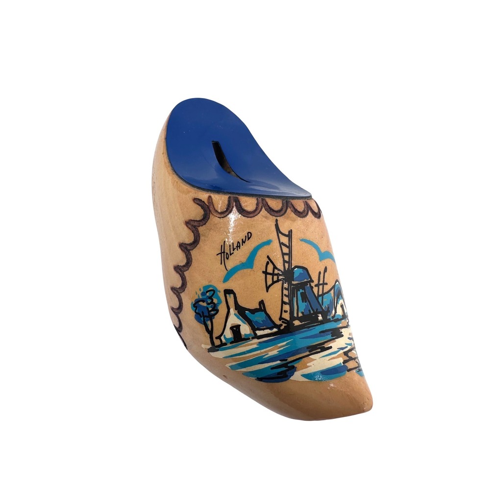 Vintage Holland Hand Painted Wooden Clog Shoe Piggy Bank Windmill Souvenir